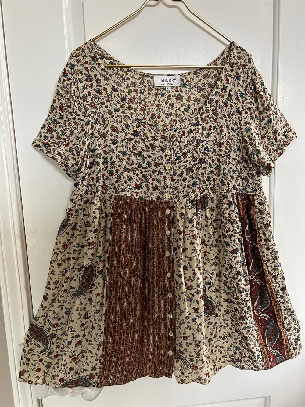 Laundry By Shelli Segal Cream Mixed Floral & Paisley Patchwork Button-down Blous - Picture 6 of 10